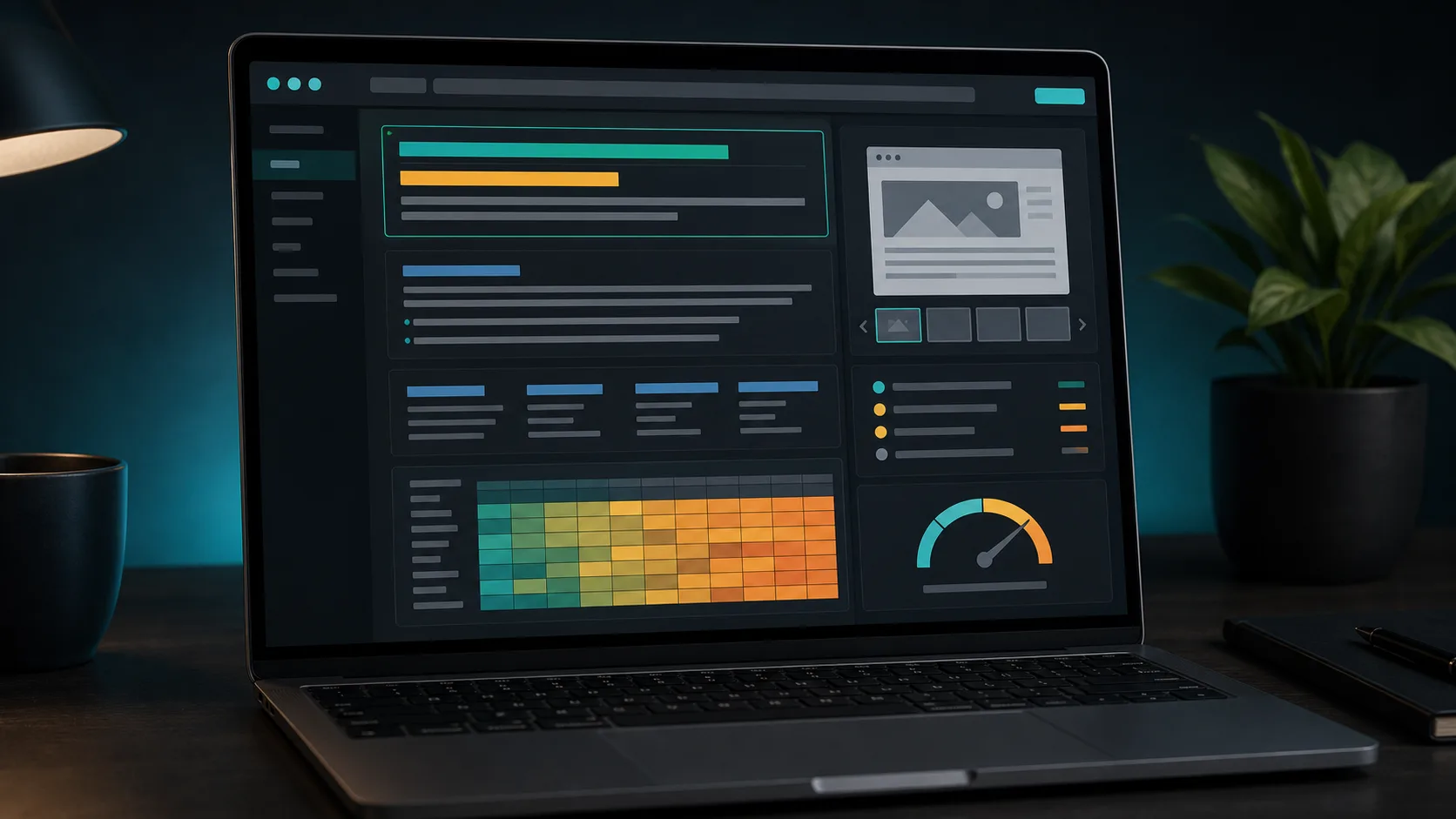 Auditdashboard met paginavoorbeeld, metadata, keyword density heatmap en speedmeter