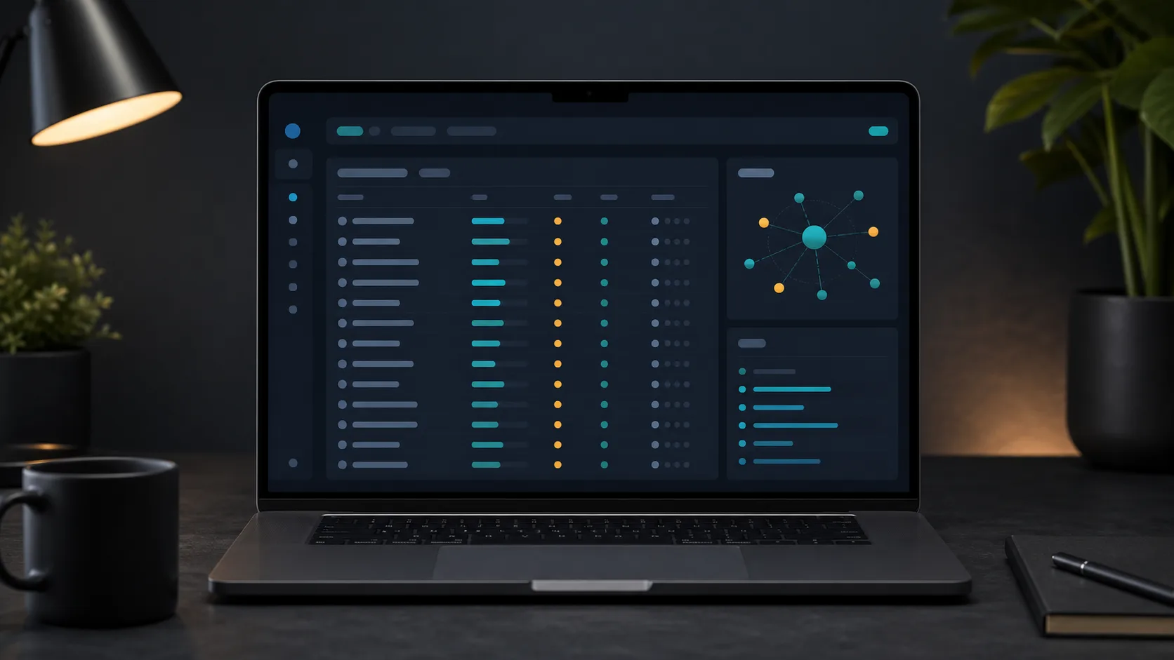 Dashboardweergave met keywordrijen, volumebalken en backlinkcontext