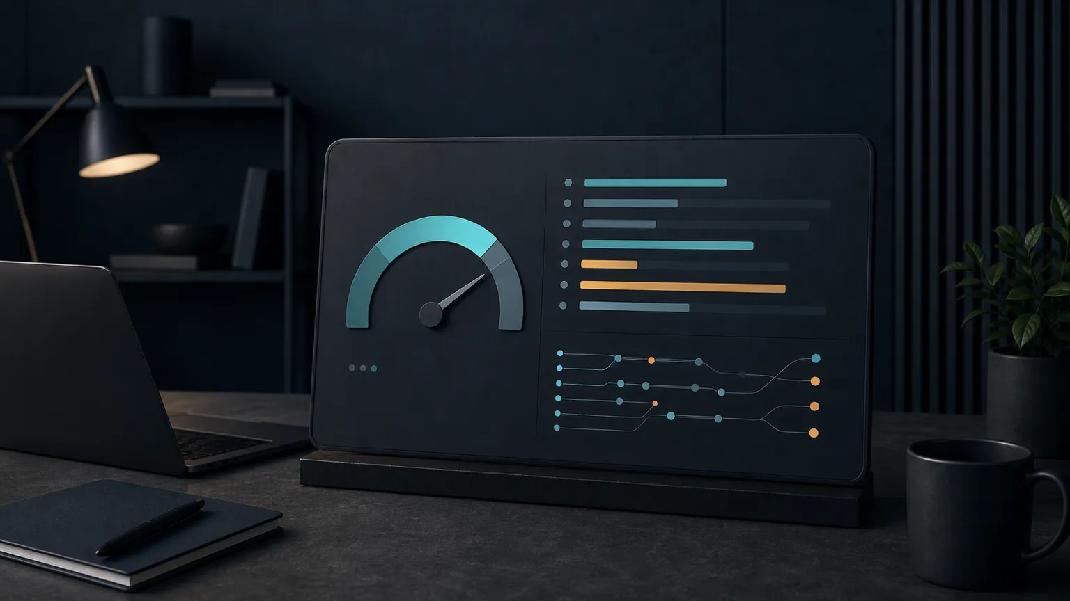 Werkplek met snelheidsmeter, laadtijd-balken en waterval-diagram van een website speed test